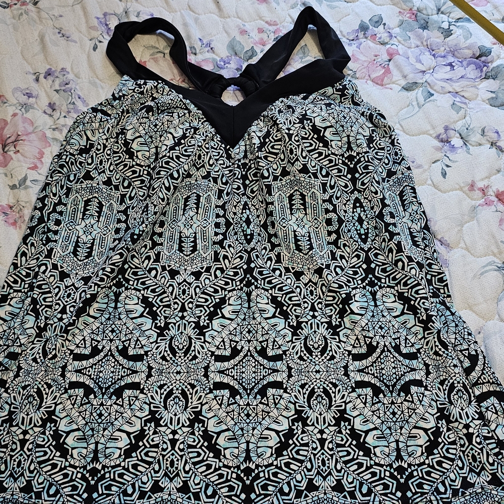 Y2K Swim Top Black and Light Blue Patterned